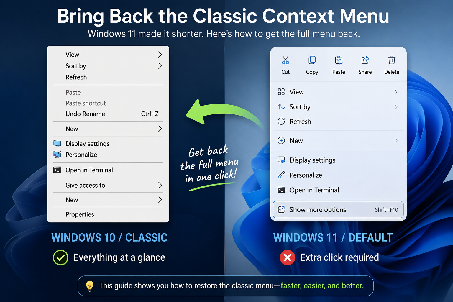 Windows 10 classic right-click menu next to the redesigned Windows 11 context menu with the easy registry fix by Timent Technologies