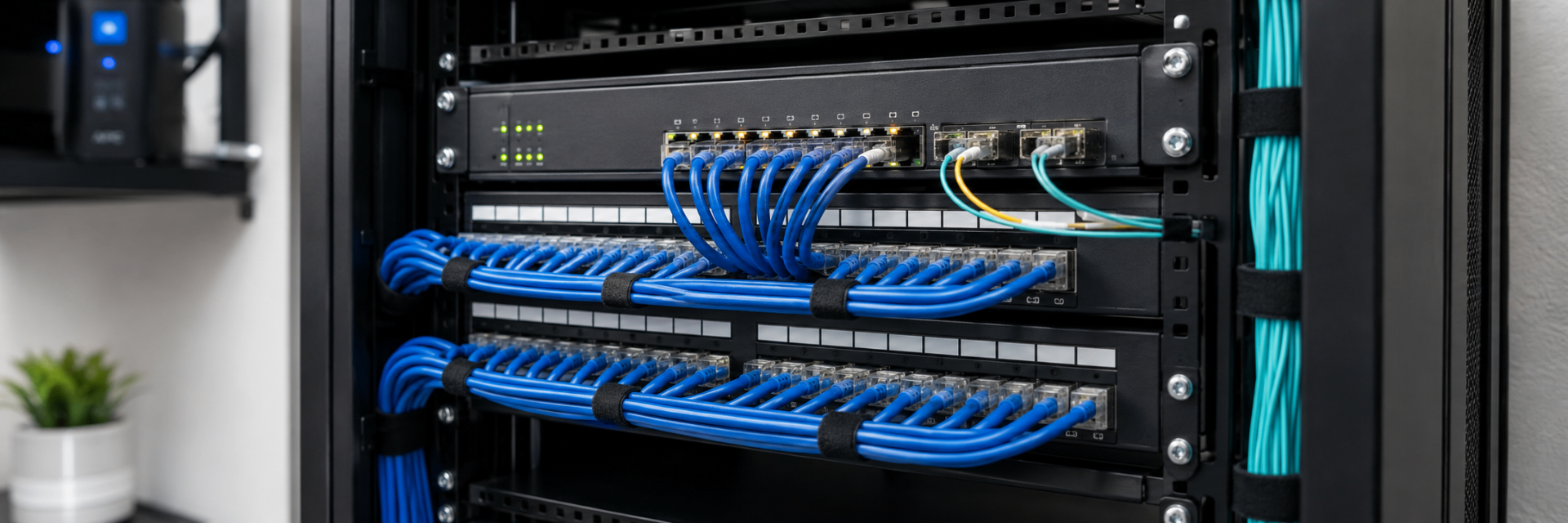 Neatly organized network rack with blue ethernet cables, patch panels, and switches
