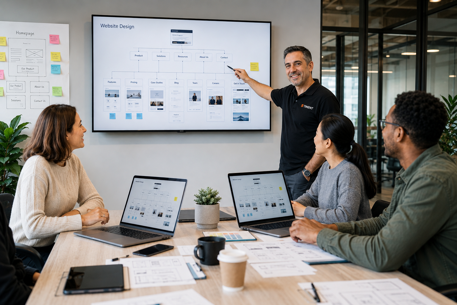 Timent Technologies team reviewing a website design sitemap with clients in a conference room