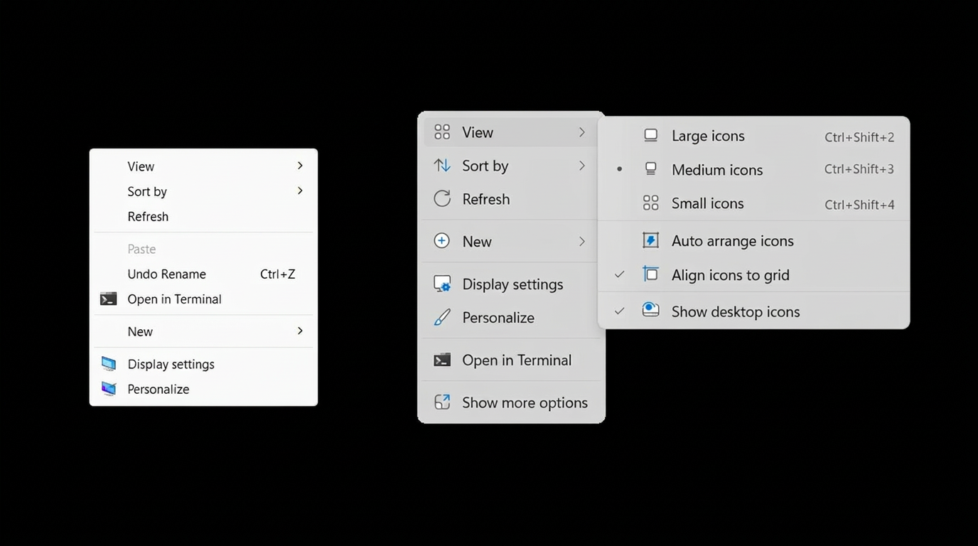 Windows 10 classic right-click menu next to the redesigned Windows 11 context menu