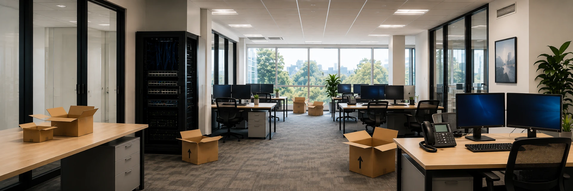 Modern office space with moving boxes, workstations, and a server rack during a relocation