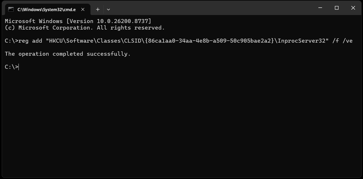 Command Prompt showing the reg add command completing successfully