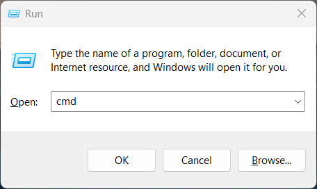 The Windows Run dialog with 'cmd' typed into the Open field