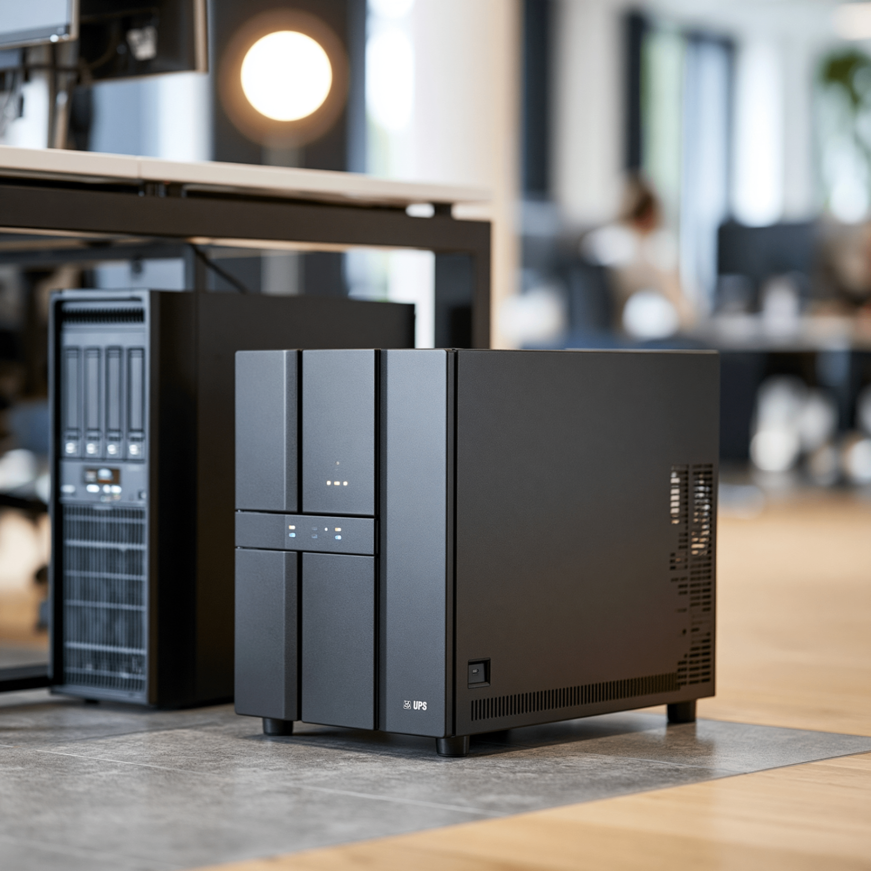 Black UPS battery backup unit next to a small server in a modern office