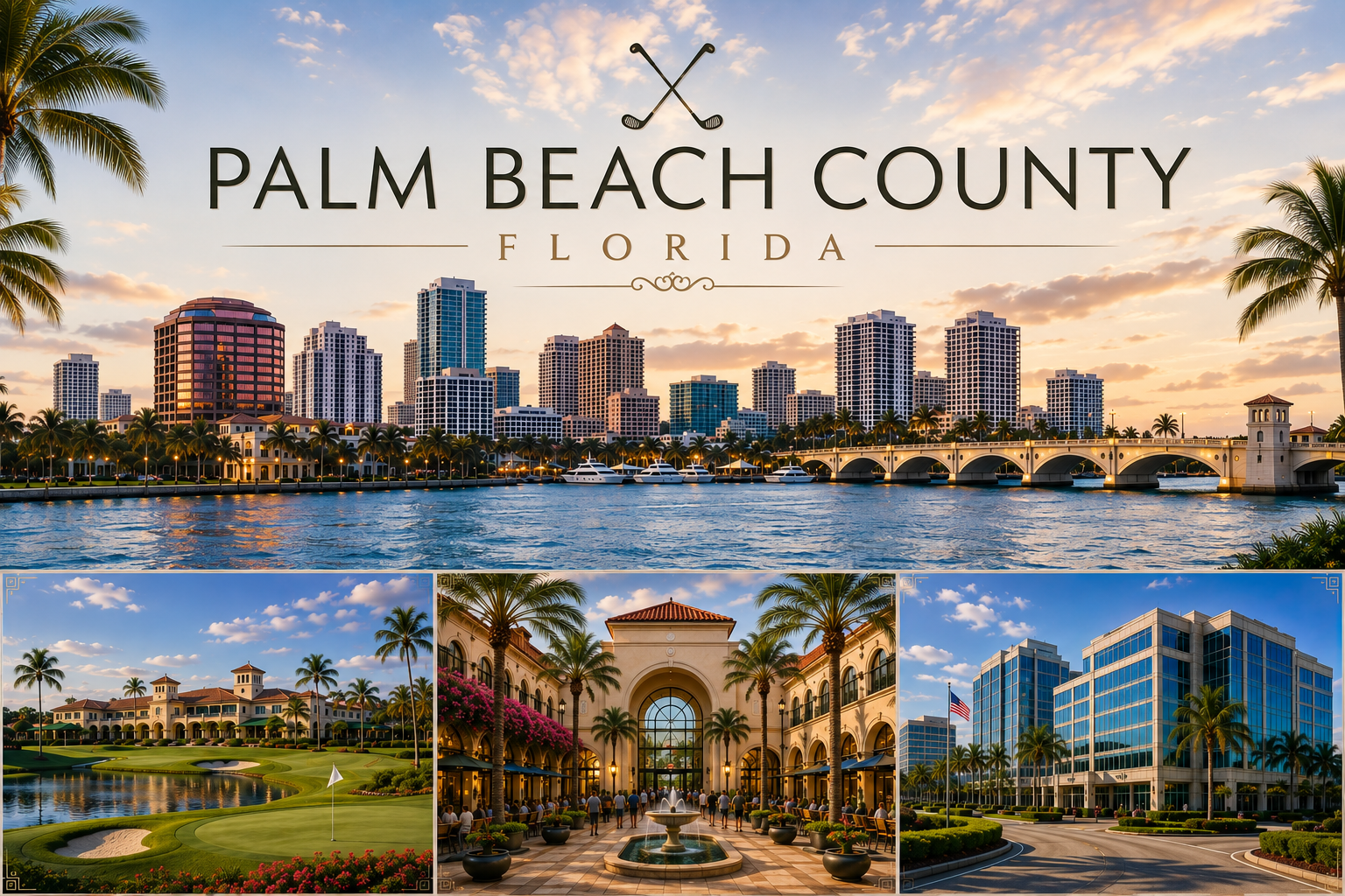Palm Beach County, Florida waterfront skyline, golf course and business district