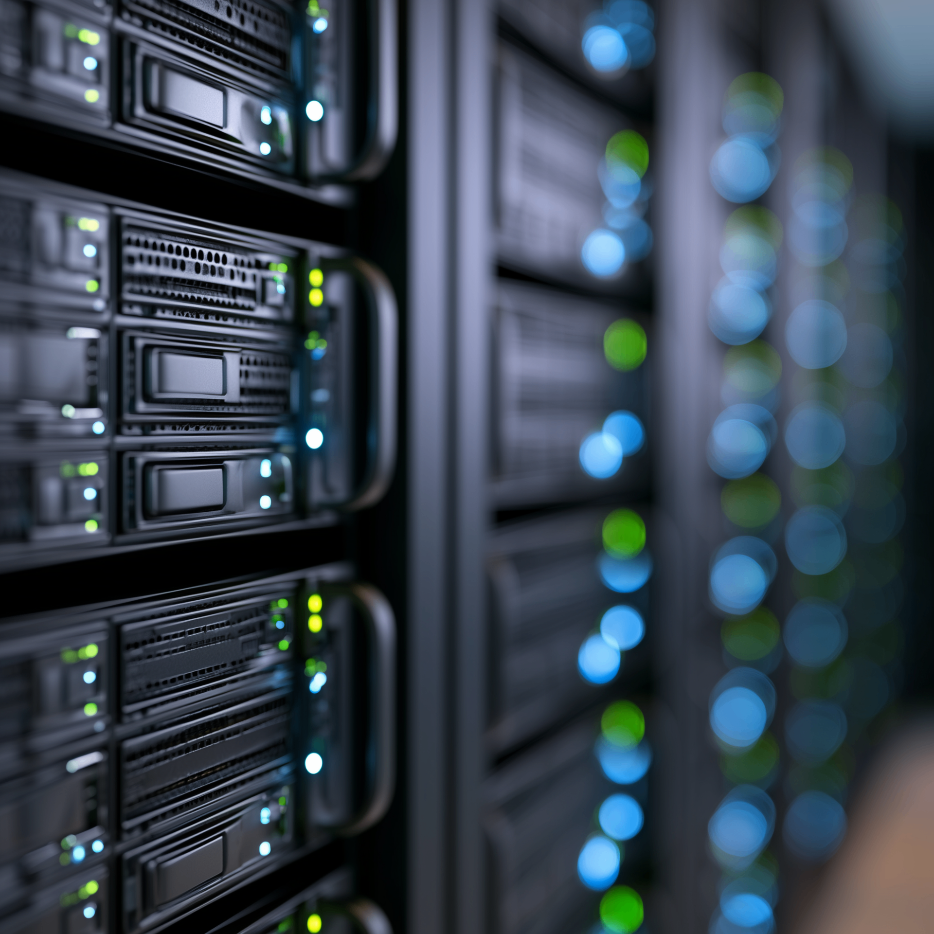 Close-up of a dark server rack with blue and green status lights