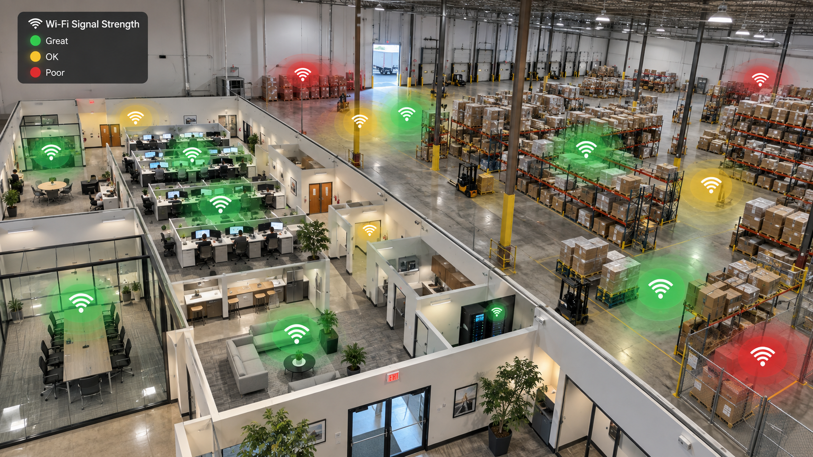 Overhead illustration of an office and warehouse with green, yellow, and red icons marking Wi-Fi signal strength throughout the space.