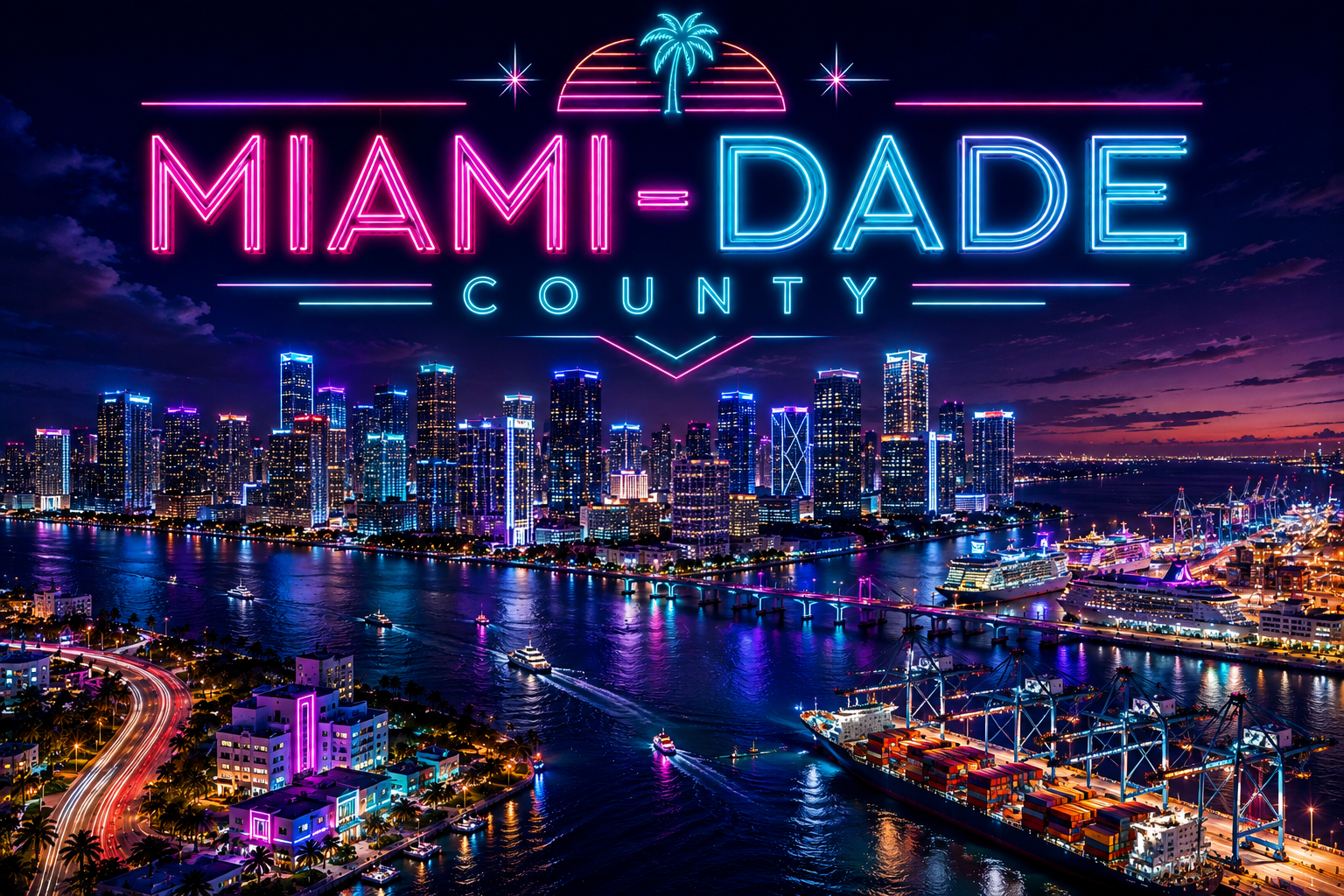Miami-Dade County, Florida skyline, waterfront and port at night
