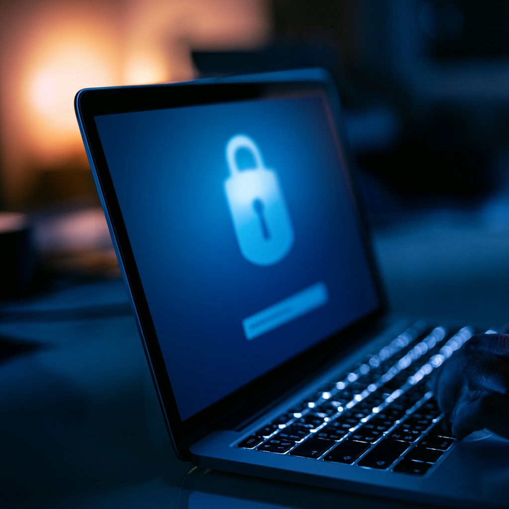 Laptop screen showing a glowing blue padlock icon representing disk encryption