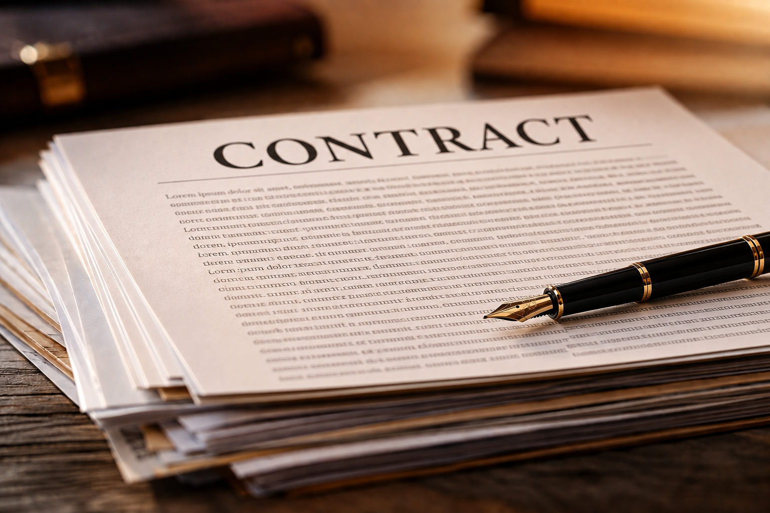 Stack of printed contracts on a wooden desk with a fountain pen resting on top