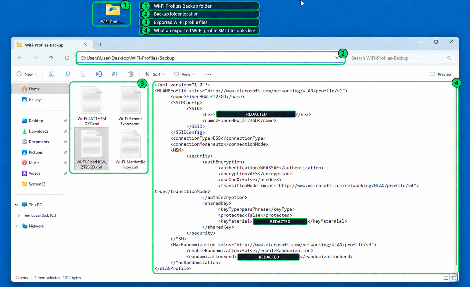 File Explorer showing the WiFi-Profiles-Backup folder and the contents of one exported XML profile file