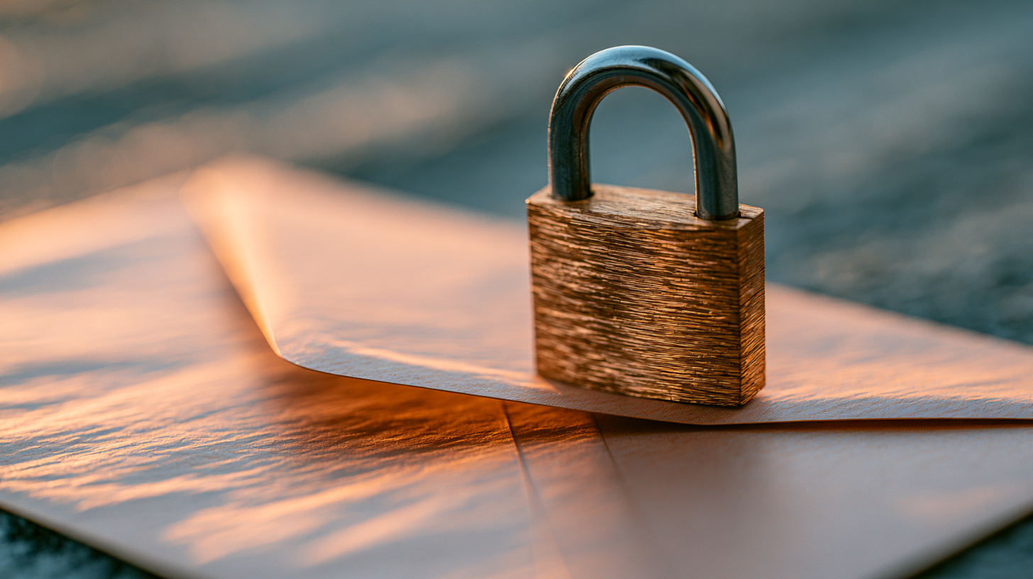 A brass padlock resting on a sealed envelope at sunset, symbolizing email security