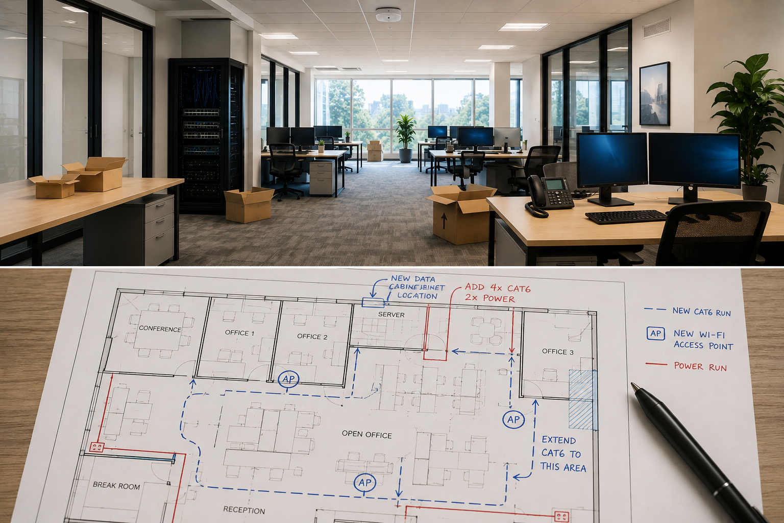 Office mid-move with packing boxes and a server rack, alongside a marked-up floor plan showing new Cat6 runs, power drops, and Wi-Fi access point placements
