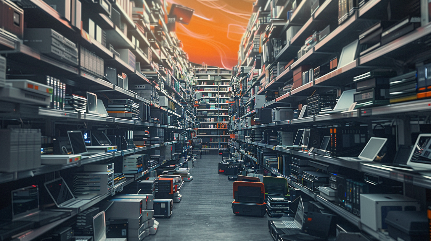 Endless aisle of shelves stacked with computers, servers, and networking equipment