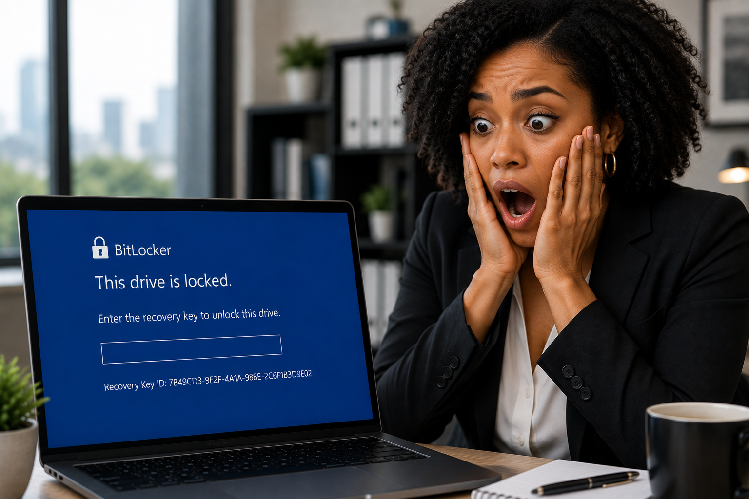 Business owner looking shocked at a laptop showing the BitLocker recovery key lock screen
