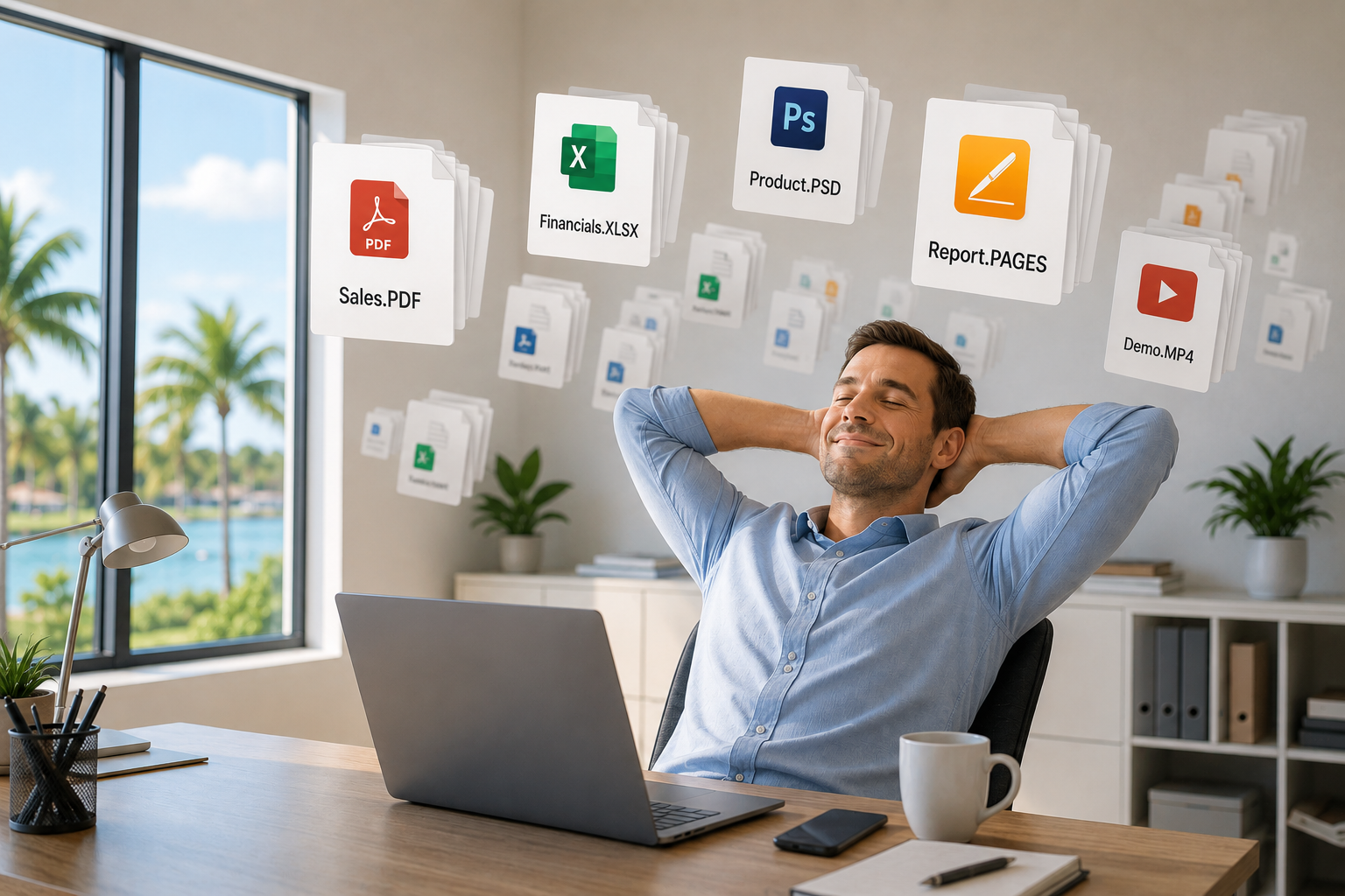 Relaxed business professional at a sunny office desk with cloud-stored documents floating above the laptop