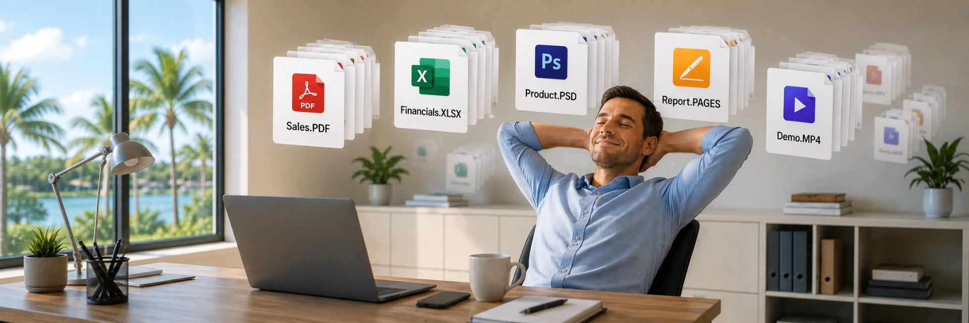 Relaxed business professional at an office desk with cloud-stored documents floating above the laptop