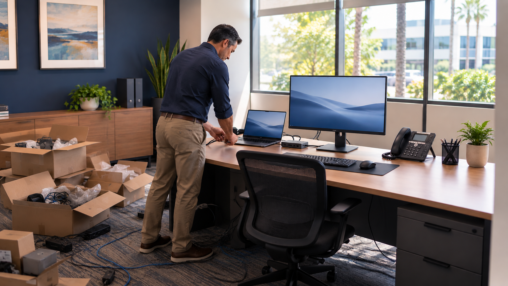 Technician setting up a new hire's laptop, monitor, docking station, and desk phone in an office