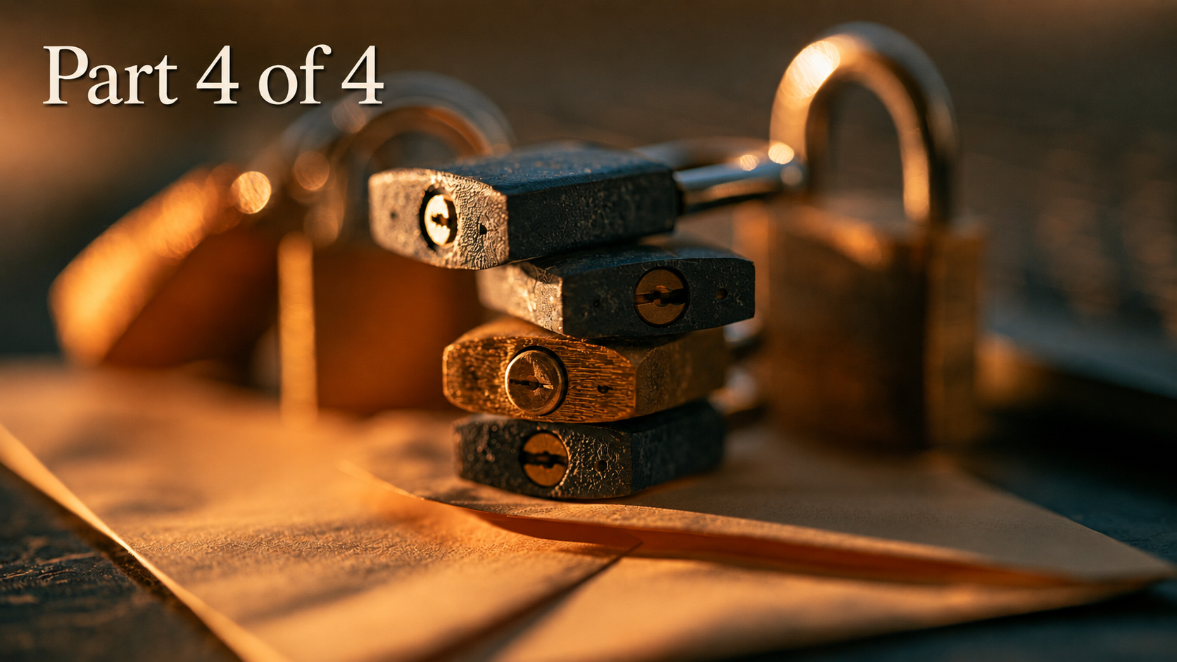 Four padlocks stacked on a sealed envelope, symbolizing the final part of Timent's email security series