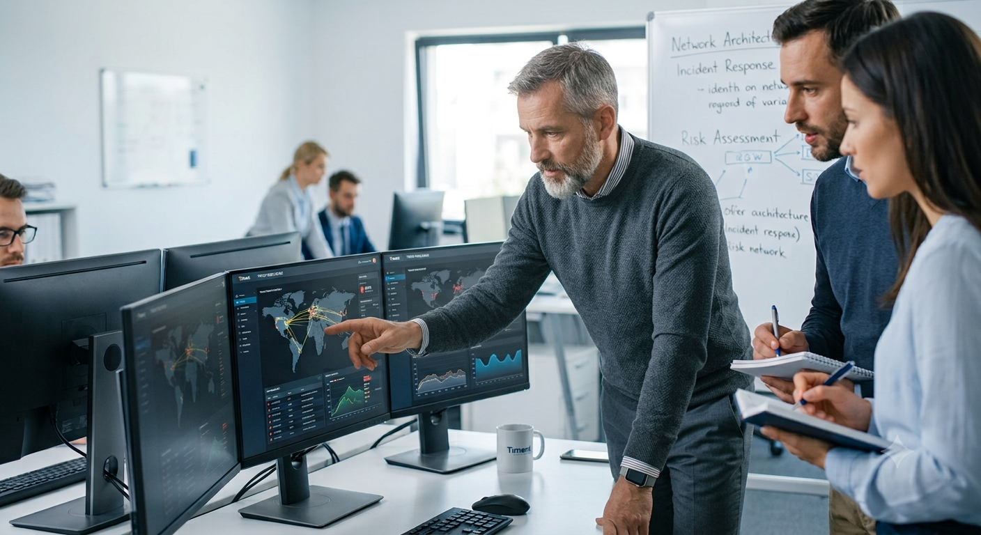 Cybersecurity team reviewing threat monitoring dashboards in a modern security operations center