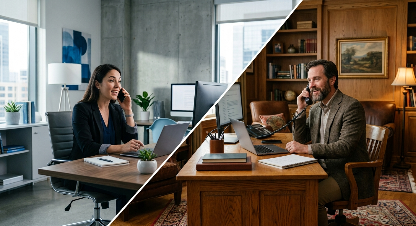 Two professionals on a phone call — a support technician in a modern office and a business leader in a wood-paneled office