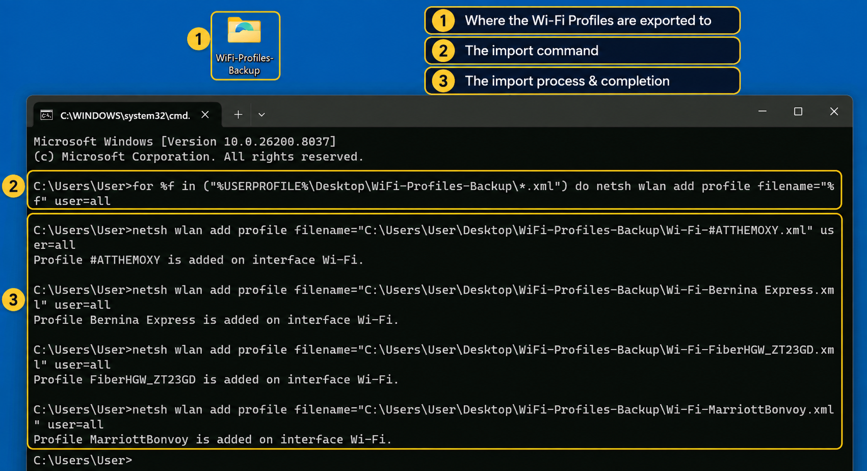 Command Prompt showing successful Wi-Fi profile import messages for multiple networks