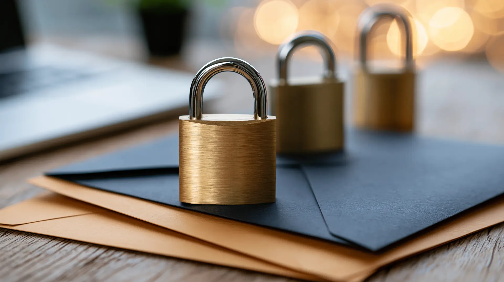 Three padlocks stacked on a sealed envelope, symbolizing DMARC email policy enforcement