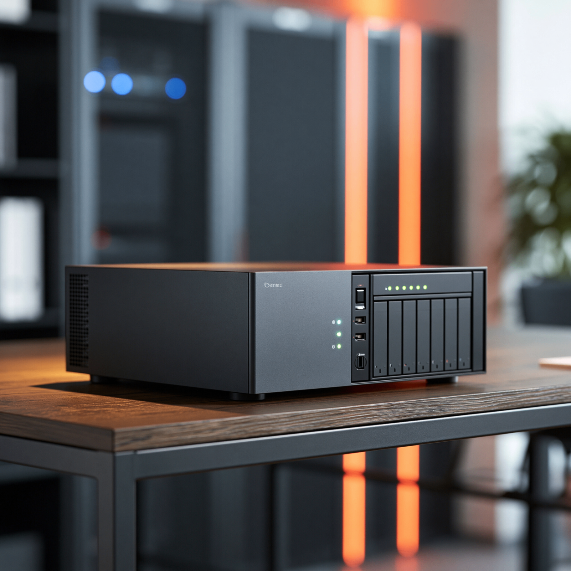 Rack-mounted NAS backup appliance on a desk in a small office