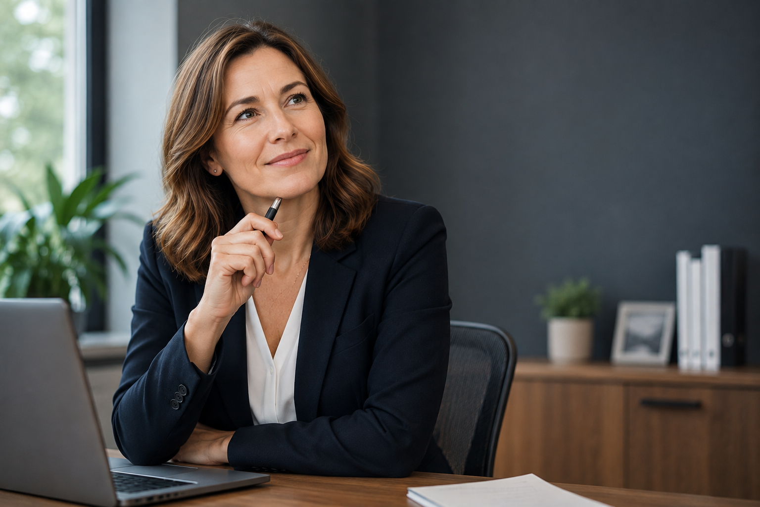 Professional woman considering an IT question at her desk with laptop and notebook