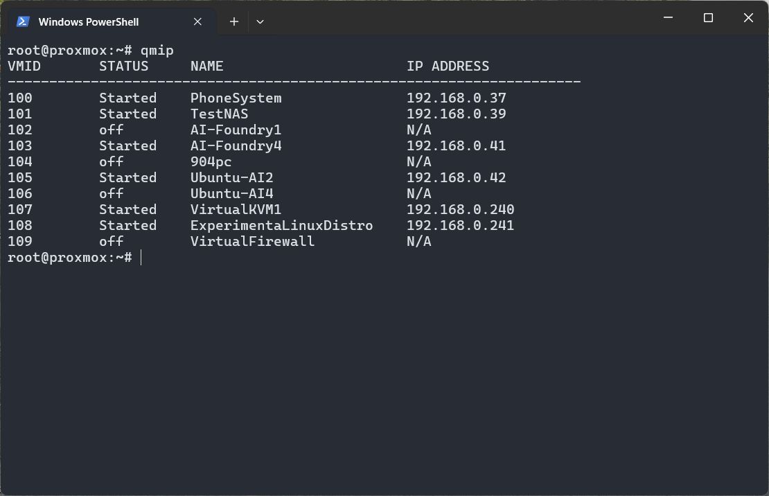 PowerShell terminal showing the qmip command output with VMID, status, name, and IP address columns for multiple Proxmox VMs