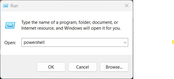 The Windows Run dialog with 'powershell' typed into the Open field