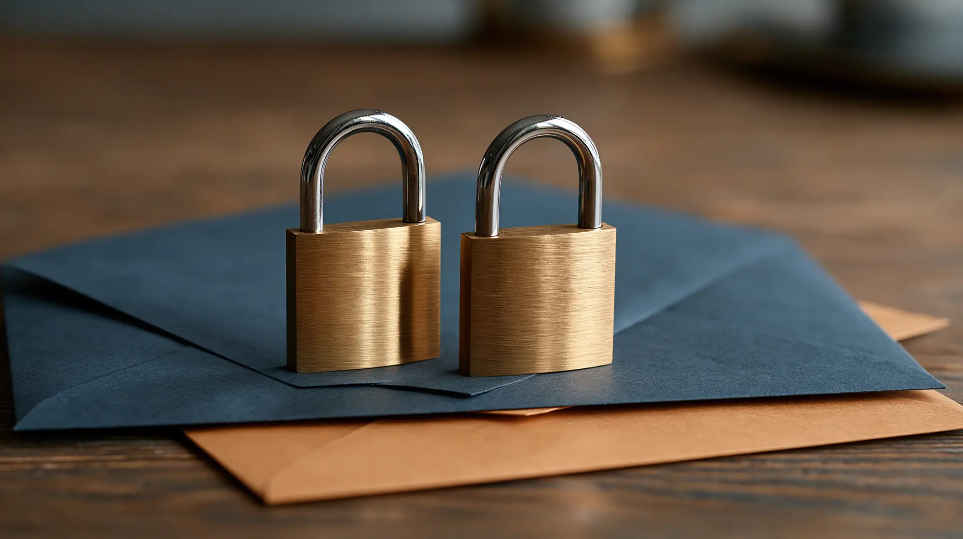 Two brass padlocks resting on sealed envelopes, symbolizing DKIM email signatures