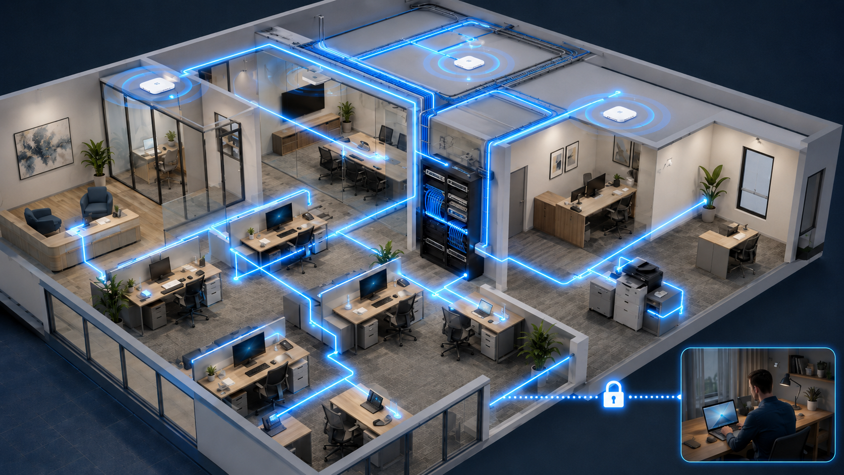 Office floor plan showing network cabling, Wi-Fi access points, and secure VPN connection points