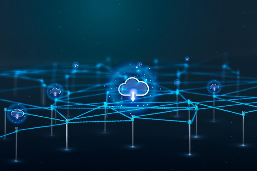 Digital cloud icon surrounded by connected nodes in a futuristic blue network.