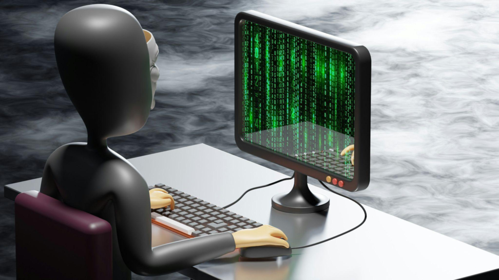 3D illustration of a person sitting at a computer with green code on the screen.