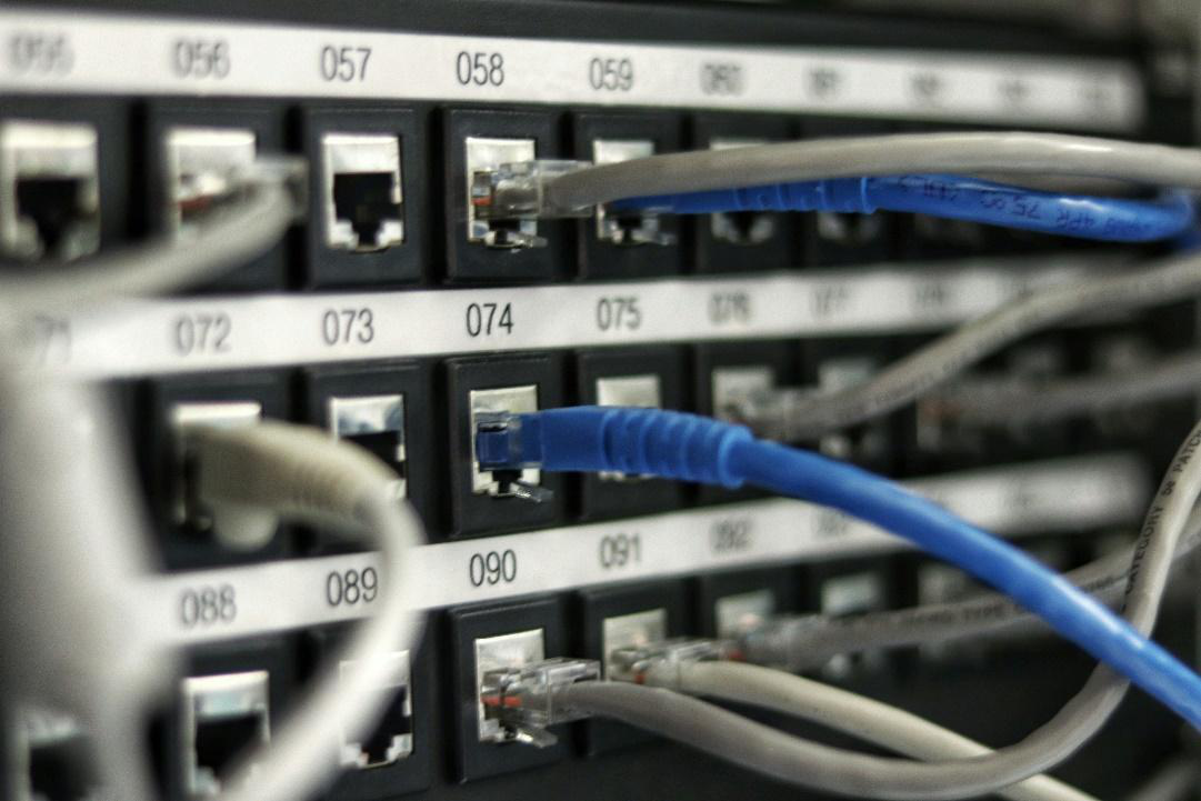 Connected Ethernet cables in a network switch representing seamless software integration.